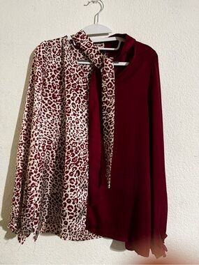ODDY Burgundy Blouse with Cream Leopard Panel